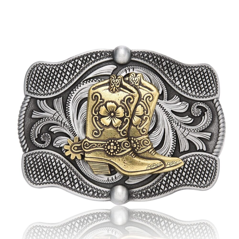 6524 Boots Western Belt Buckle , Cowboy Floral Engraved Texas Vintage Belt